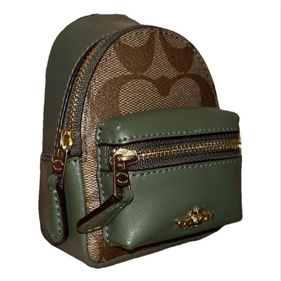 Coach Mini Court Backpack Keychain Bag Charm - Brown Canvas/Green Leather - Picture 2 of 4